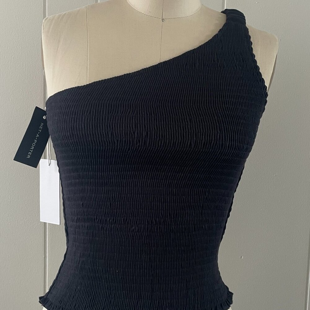 Reformation Shirred one shoulder linen top.